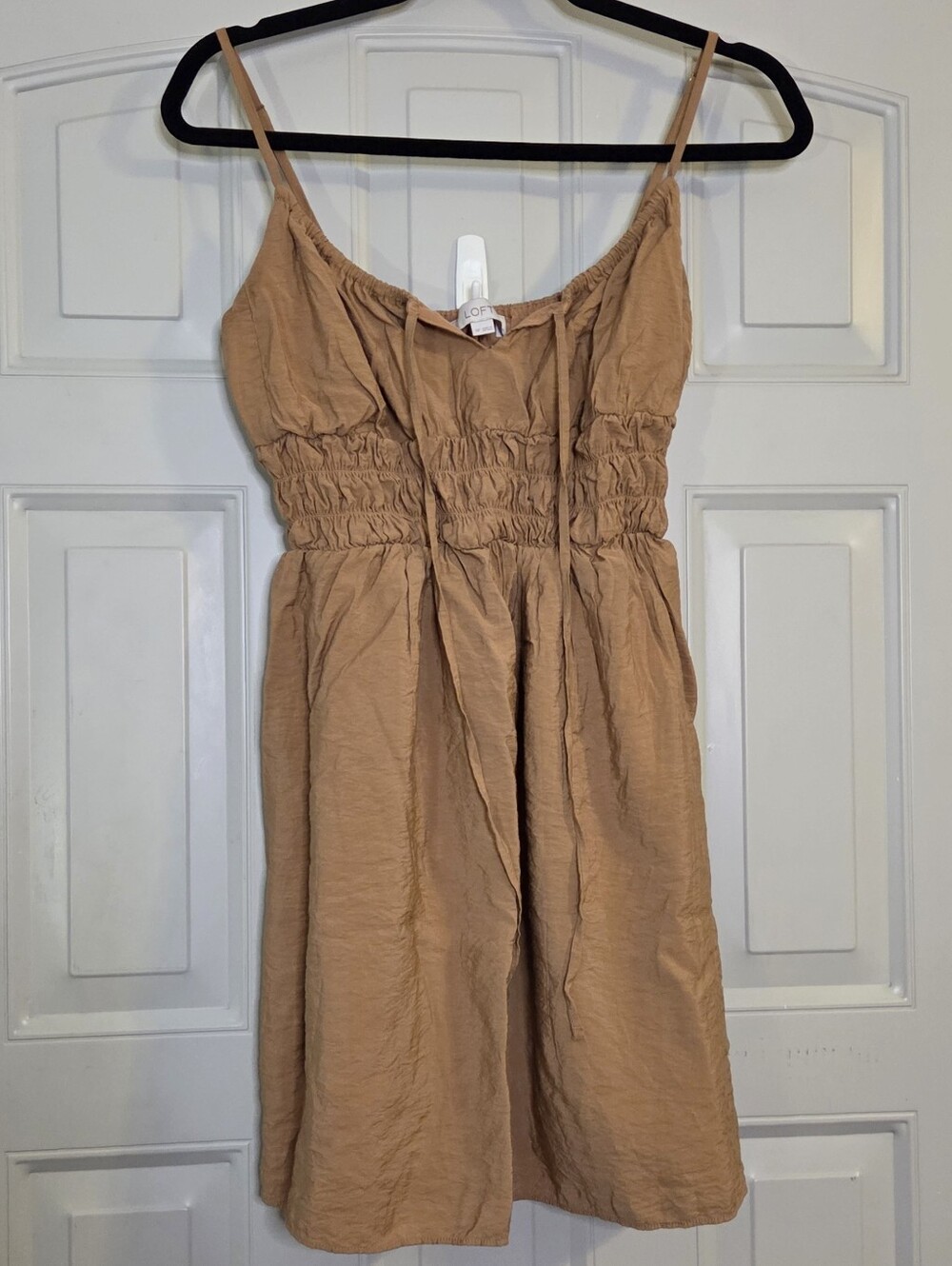 LOFT Camel/Tan Smocked-Waist Mini Dress